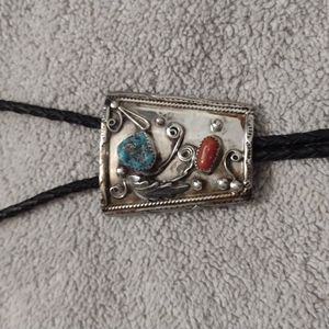 Silver turquoise and coral bolo